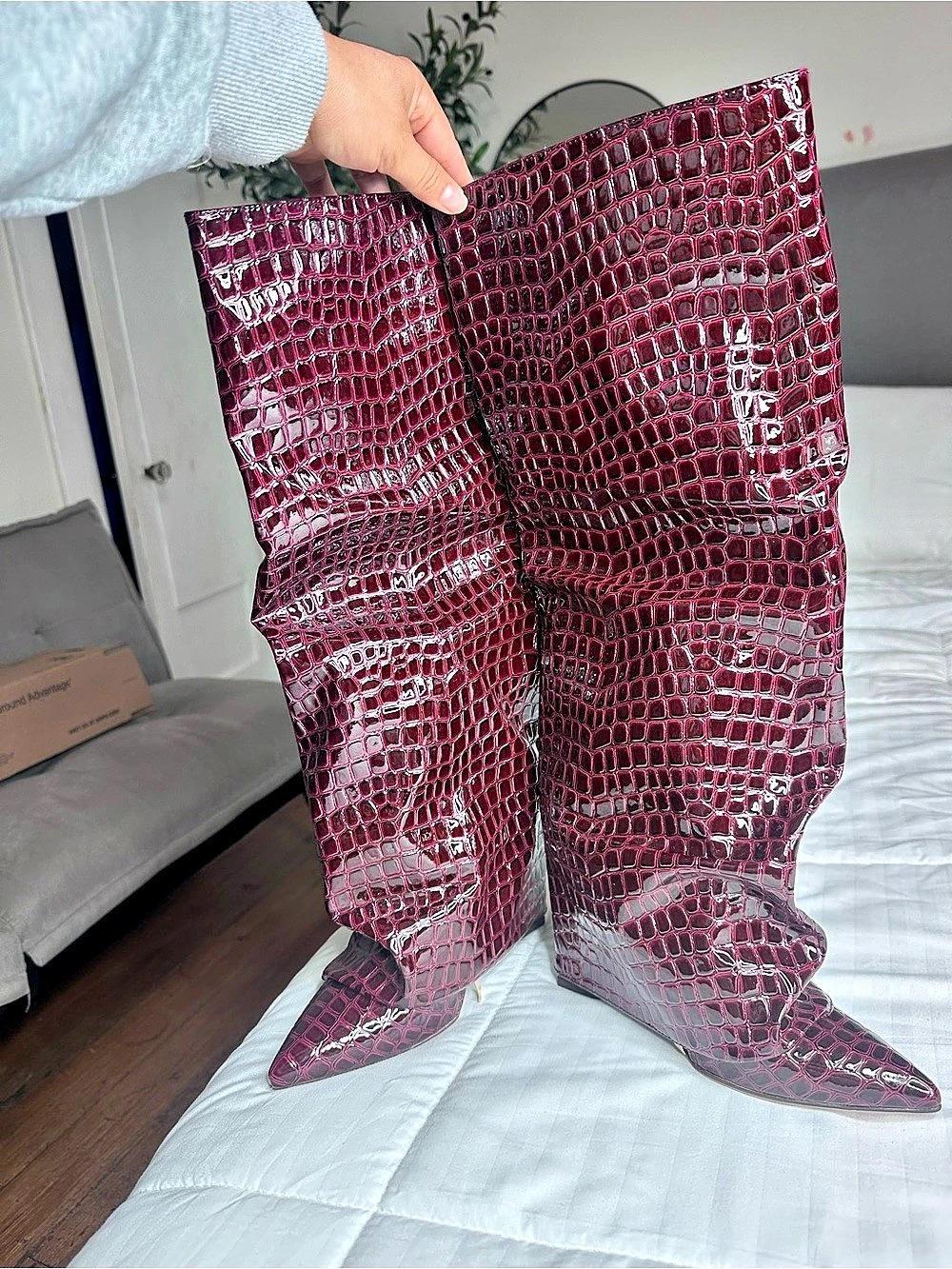 Women's Burgundy Crocodile-Embossed Over-the-Knee Boots